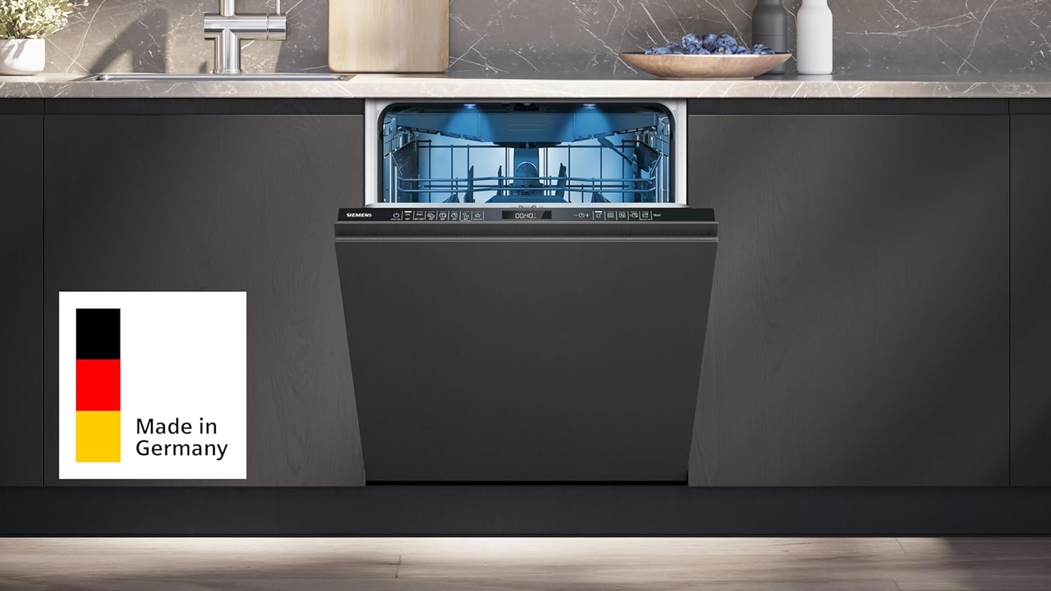 Siemens SN95EX22CE iQ500 vollintegrierter Geschirrspüler, 60 cm, Made in Germany, varioScharnier für flexible Einbausituationen, varioSpeed Plus, auto Open dry, Rackmatic, Intensivzone, leise