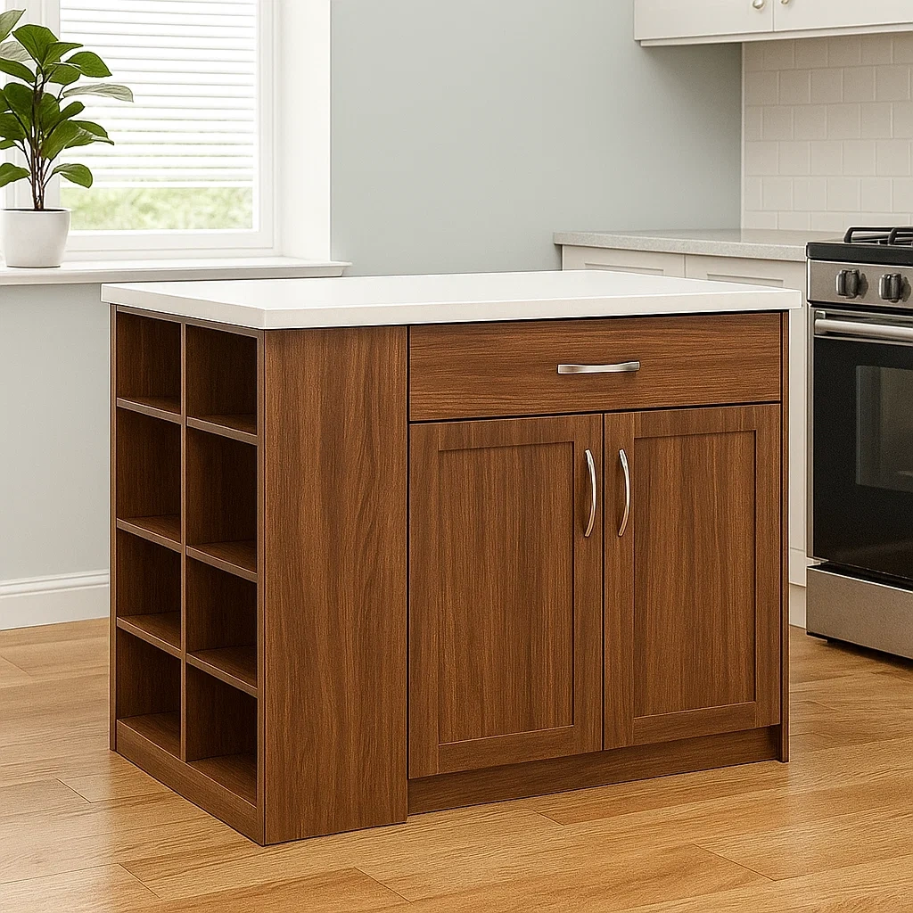 Kkken, rektangulr med flaskehylde, skuffe og MDF-trskab, valnddefarvet, med hvid bordplade, fritstende installation, 100x60x90 cm, til privat brug - WzdFJKPUykK4