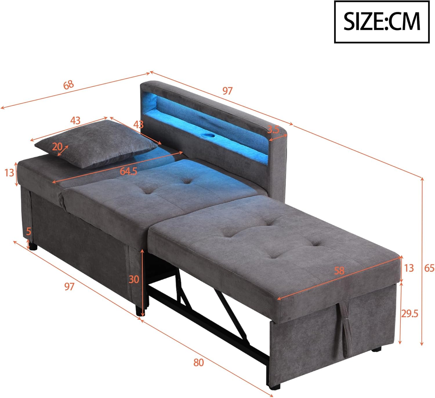 Polsterbett Schlafsofa 3 in 1 Multifunktions-Schlafsofa, Leinenstoffsofa mit Verstellbarer Rückenlehne, Die Armlehne verfügt über LED-Lichtleisten und USB-/Typ-C-Anschlüsse (Dunkelgrau)