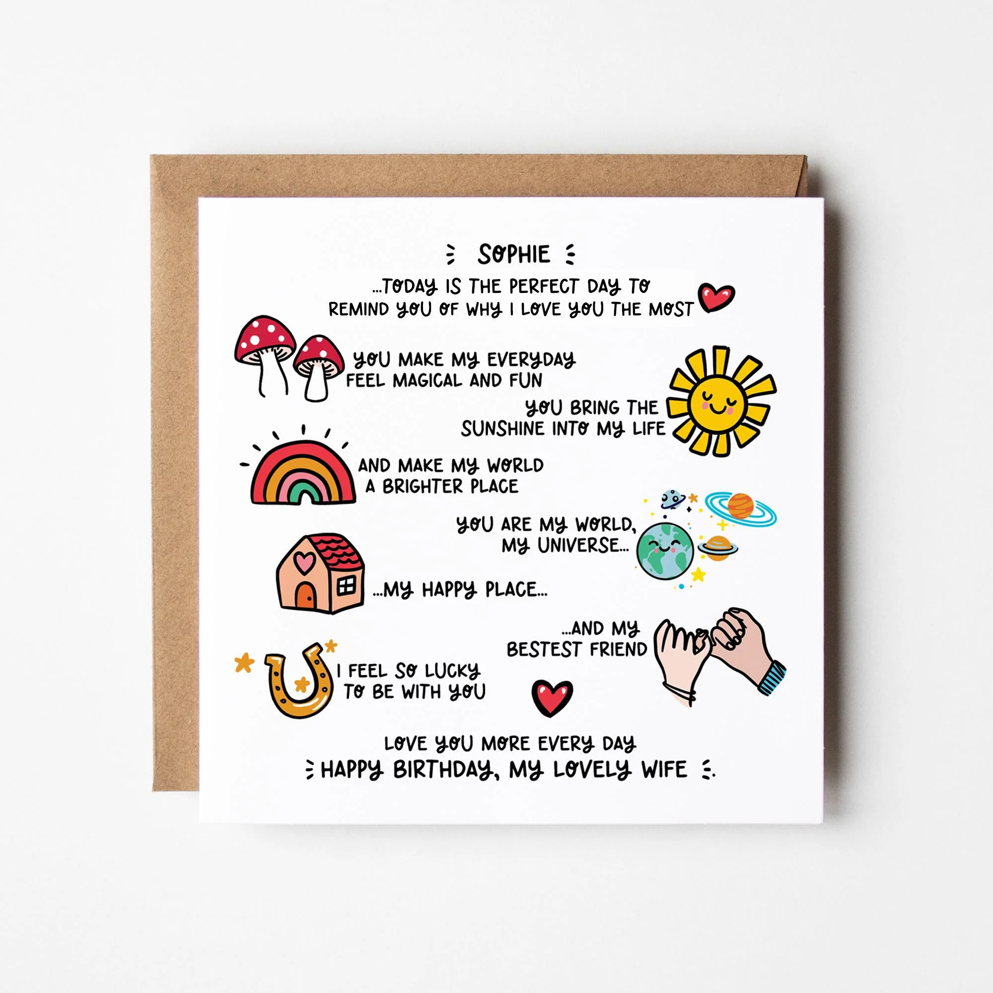Personalised Heartfelt Birthday Card For Wife: Sentimental Illustrations, Romantic Words, Kraft Envelope