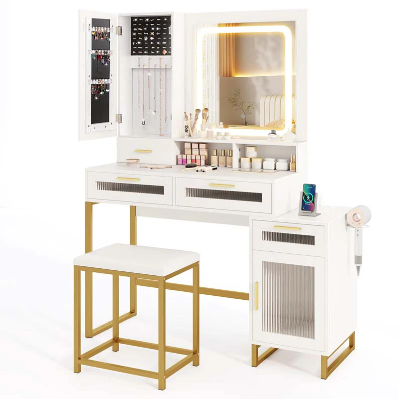 Modern Makeup Vanity Desk with Mirror and Lights, Charging Station, Jewelry Organizer, Side Cabinet, 44