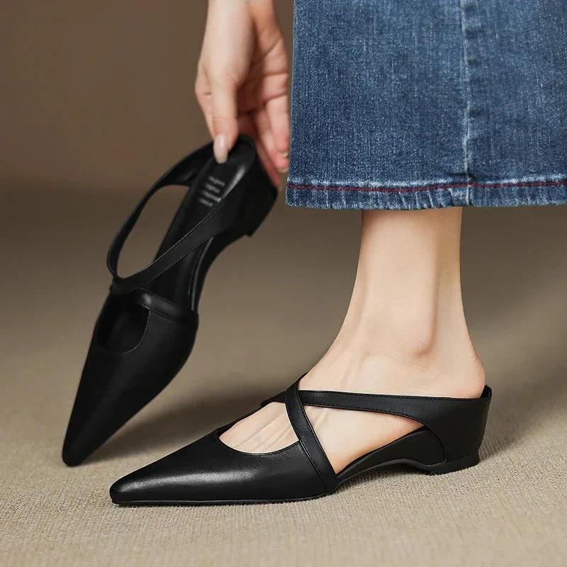Women��s Leather Mules Pointed-Toe Cross-Strap Design with Low Heel