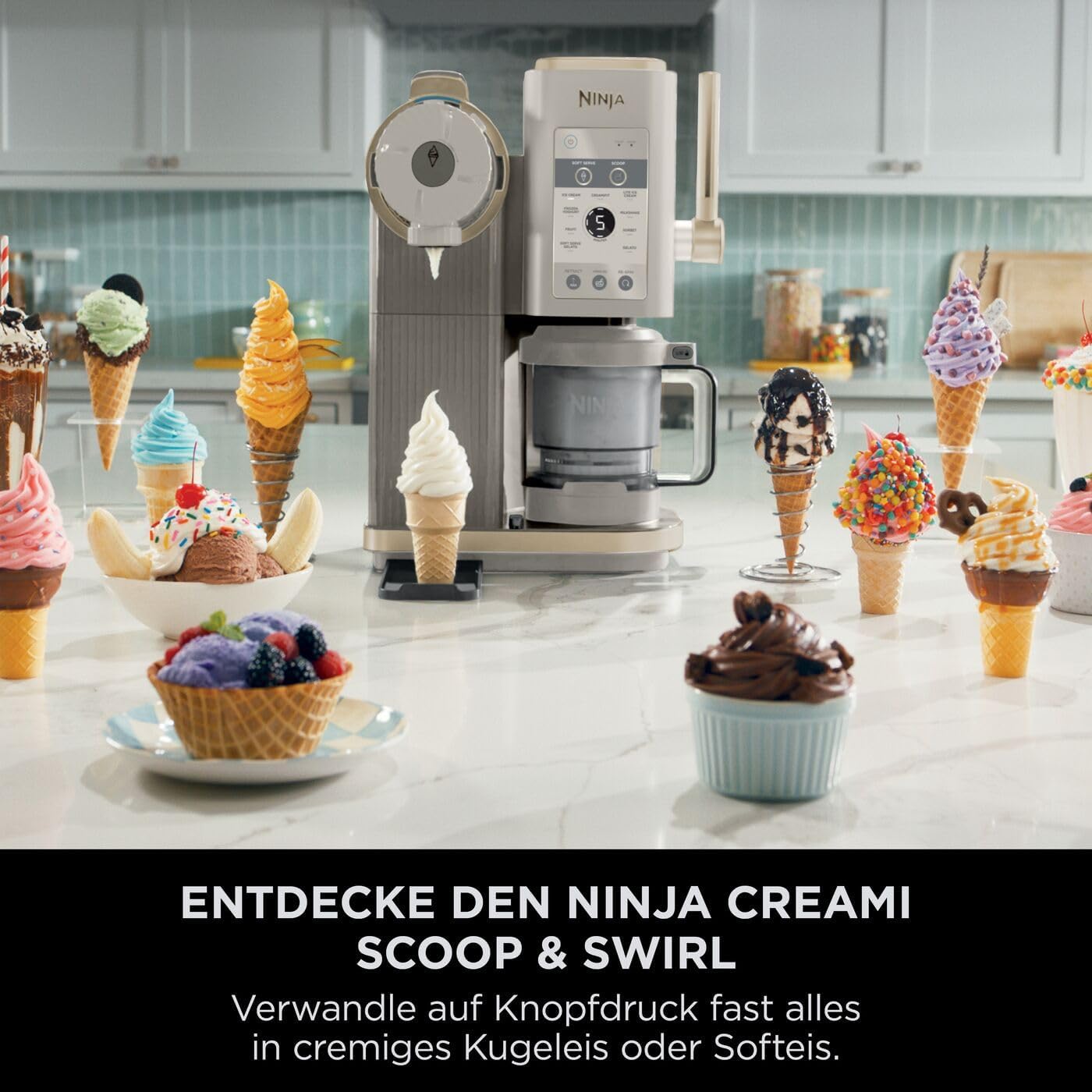 Ninja CREAMi Scoop & Swirl Eismaschine mit 2 Behältern, 13 Funktionen, für Eiscreme, Softeis, Gelato, Sorbet, Milchshakes und mehr, mit Mix-In-Funktion, Stone Gold NC701EUSTGD