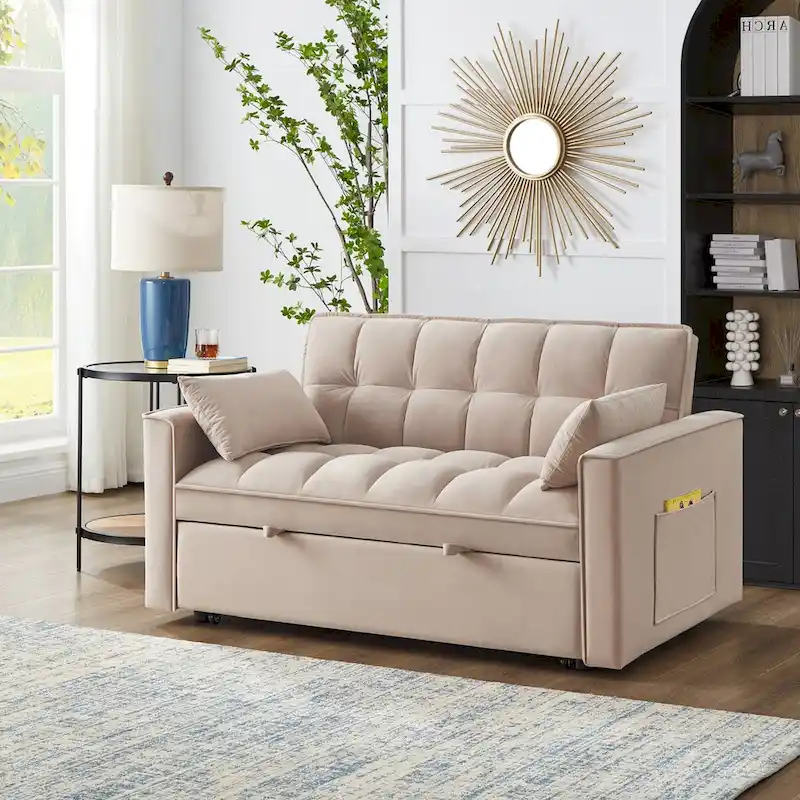 4-in-1 Pull-Out Sleeper Sofa Bed - Loveseat in Velvet -Convertible Couch Bed with Reclining Backrest,2 Side Pockets
