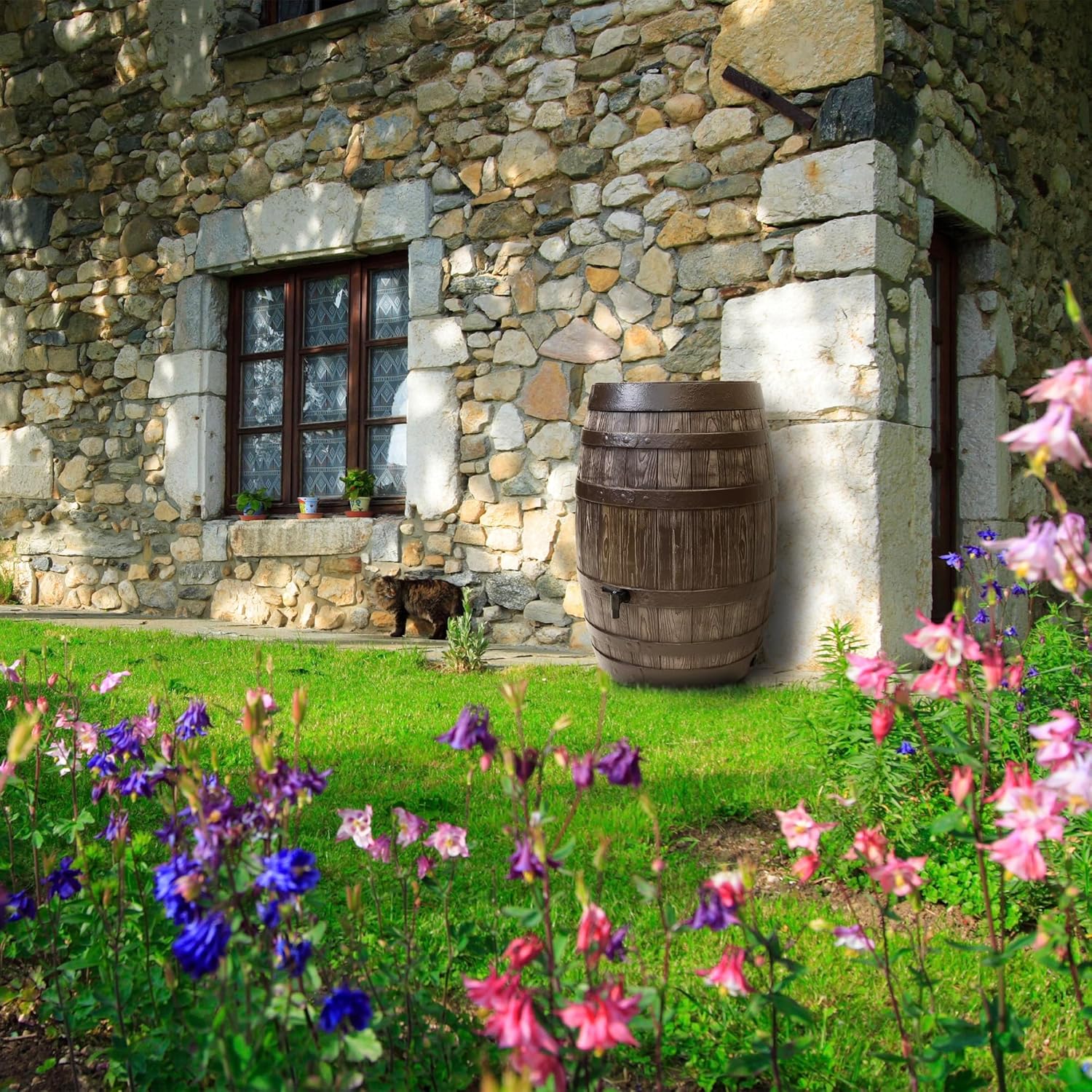 YourCasa Regentonne 250 Liter [Barrel] mit windsicherem Deckel - Regenfass Frostsicher aus Kunststoff in Holzoptik - Regenwassertonne - Regenwassertank Garten - Holz Weinfass Wasserfass Holzfass
