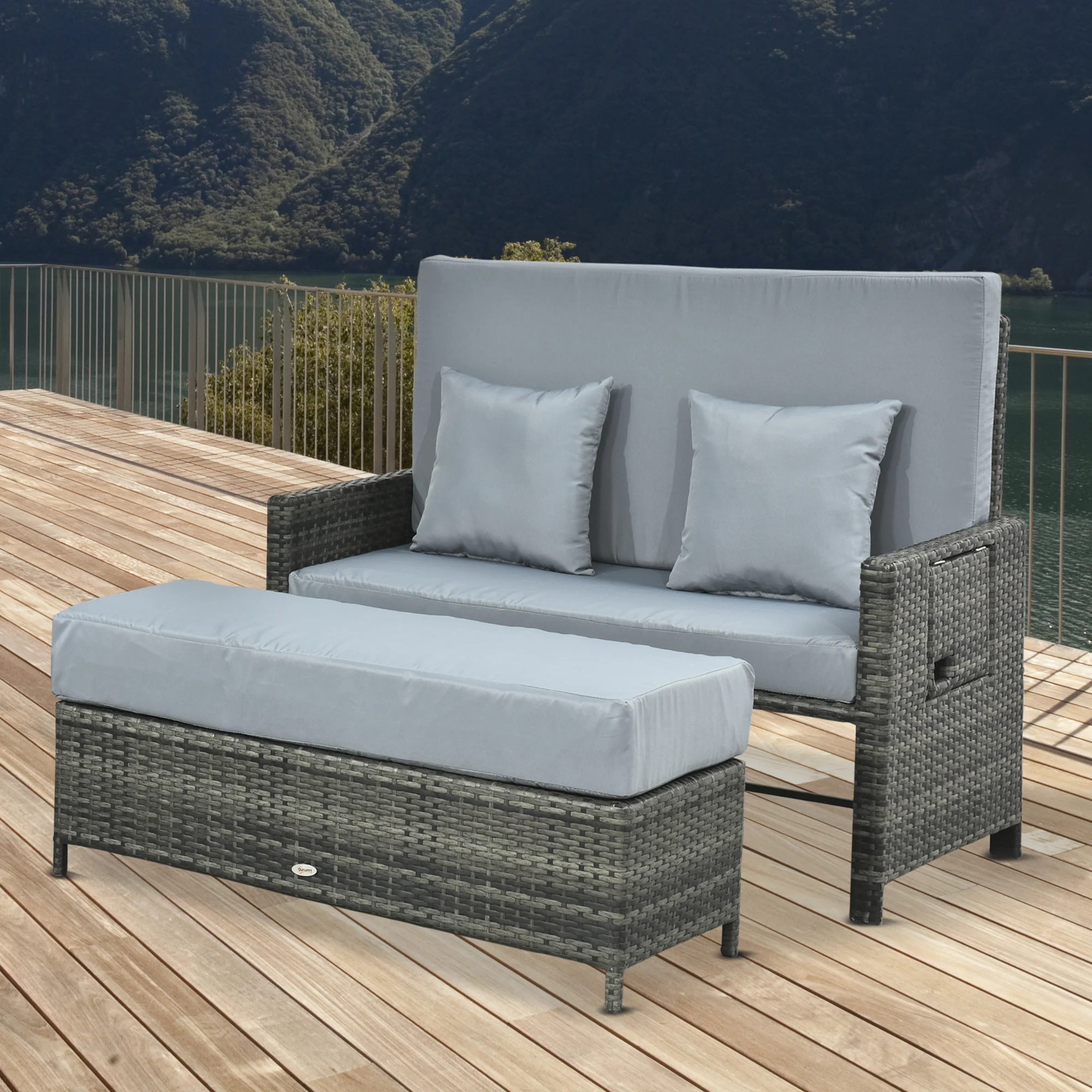 Outsunny Poly-rotan loungebank 2-zits set ligstoel kruk grijs