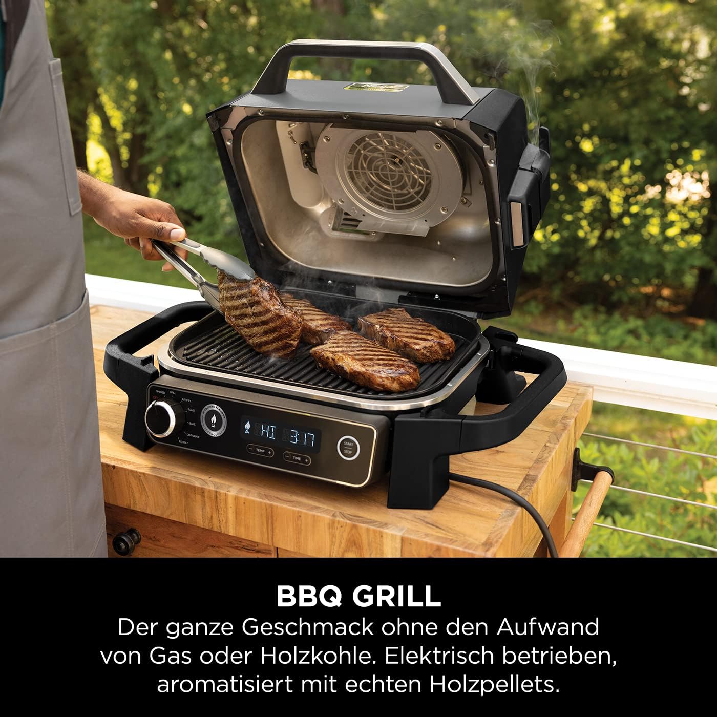Ninja Woodfire Electric BBQ Grill & Smoker & Air Fryer, 7-in-1 Outdoor BBQ Grill, Air Fry, Smoke, Roast, Bake and more, Weather Resistant, Non-Stick, Portable, Electric, Grey/Black OG701EU