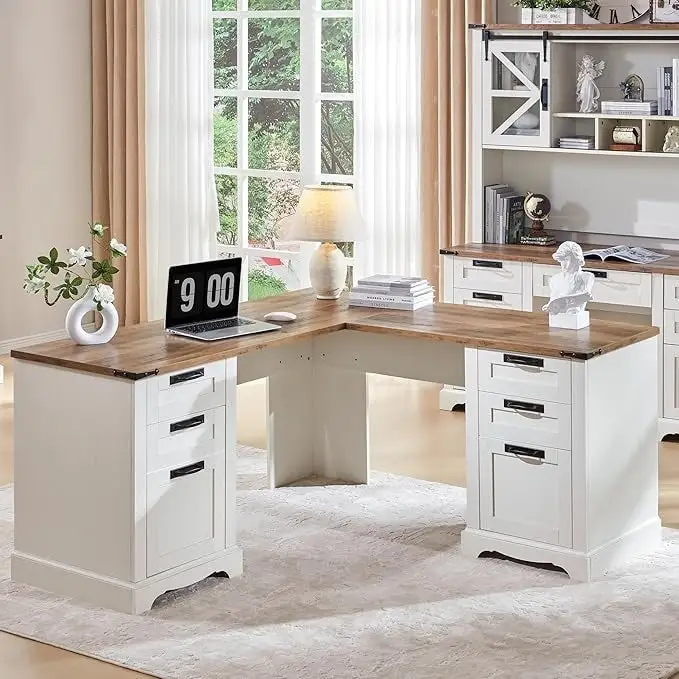 60 Farmhouse L Shaped Executive Desk, Wood Corner Desk, Computer Desk