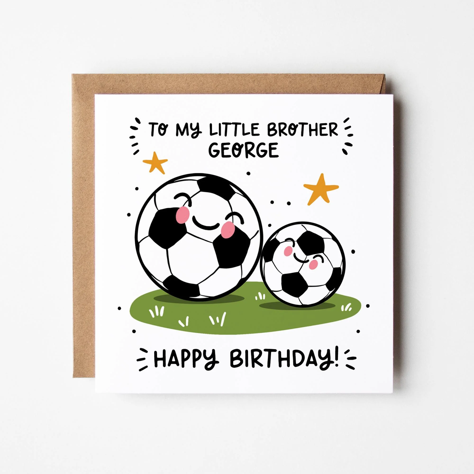 Little Brother Birthday Card, Personalised Football Birthday Greeting With Kraft Envelope