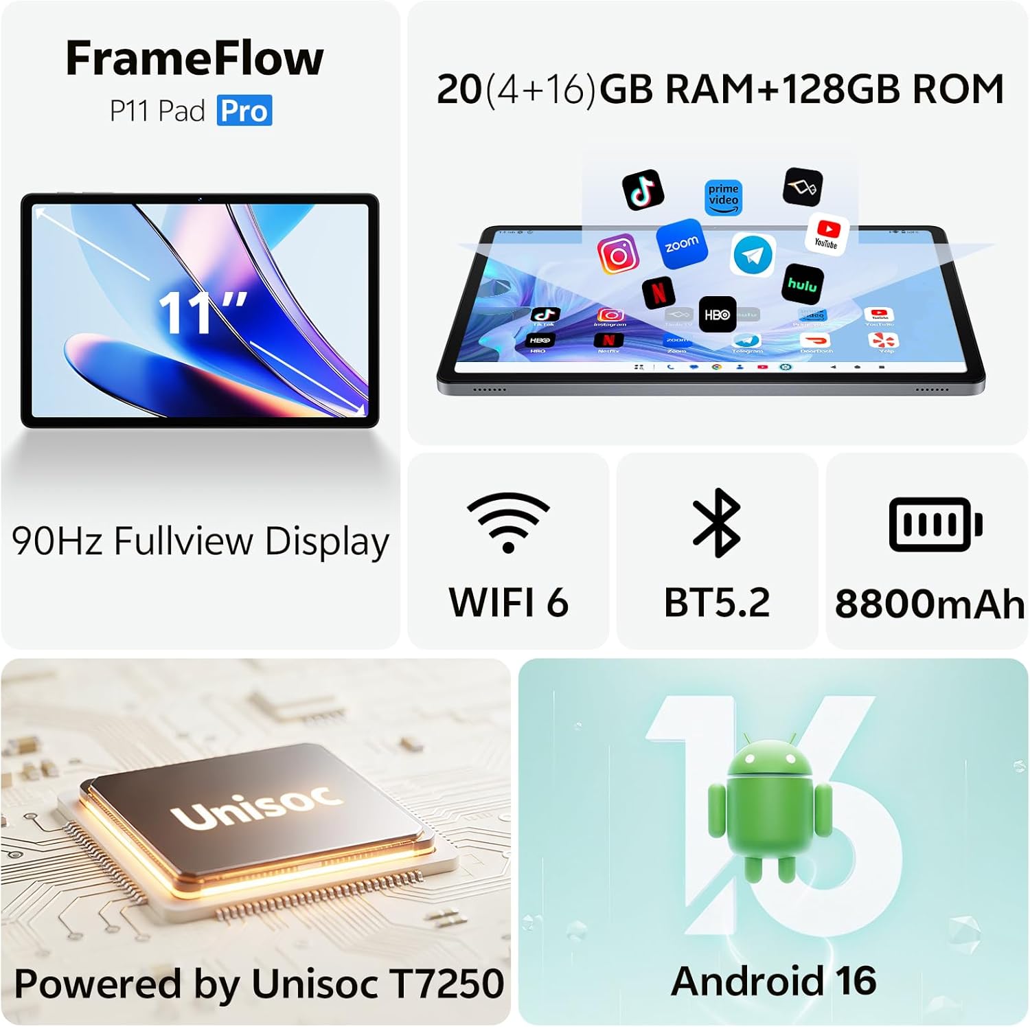 Tablet 11 inch, Android 16 Tablet with Octa-Core Processor, 20GB RAM 128GB ROM 1 TB Expandable, 1280x800 IPS Touch Screen, GPS, 8H Battery, WiFi 6, BT 5.2, 8MP+13MP Dual Camera (Gray)