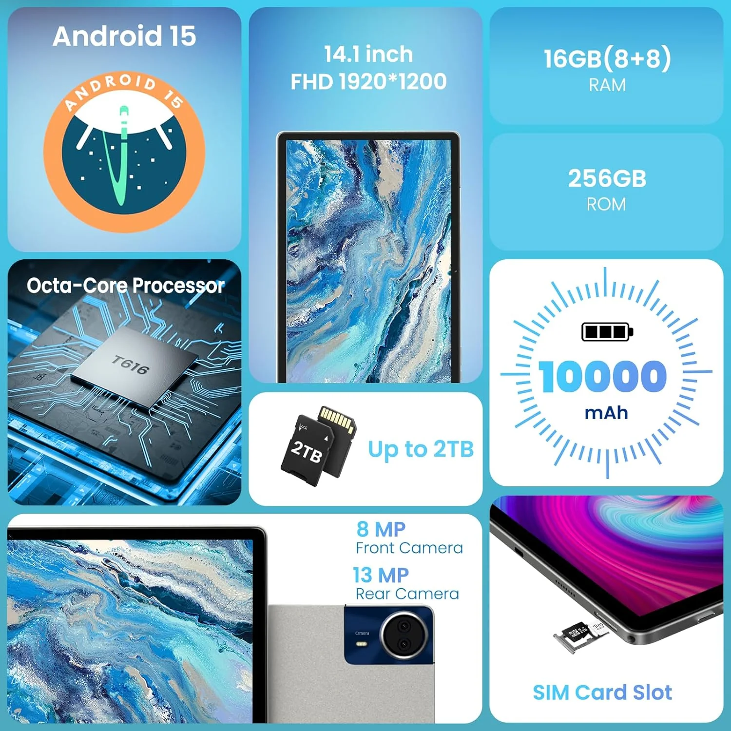 14 hüvelykes nagyméretű tablet, Android 15 tablet 16GB RAM 256GB ROM, 1920 * 1200 IPS FHD kijelző, Widevine L1, 10000mAh 18W töltés, Wi-Fi és Bluetooth, 4G LTE, állványtokkal és stylusszal