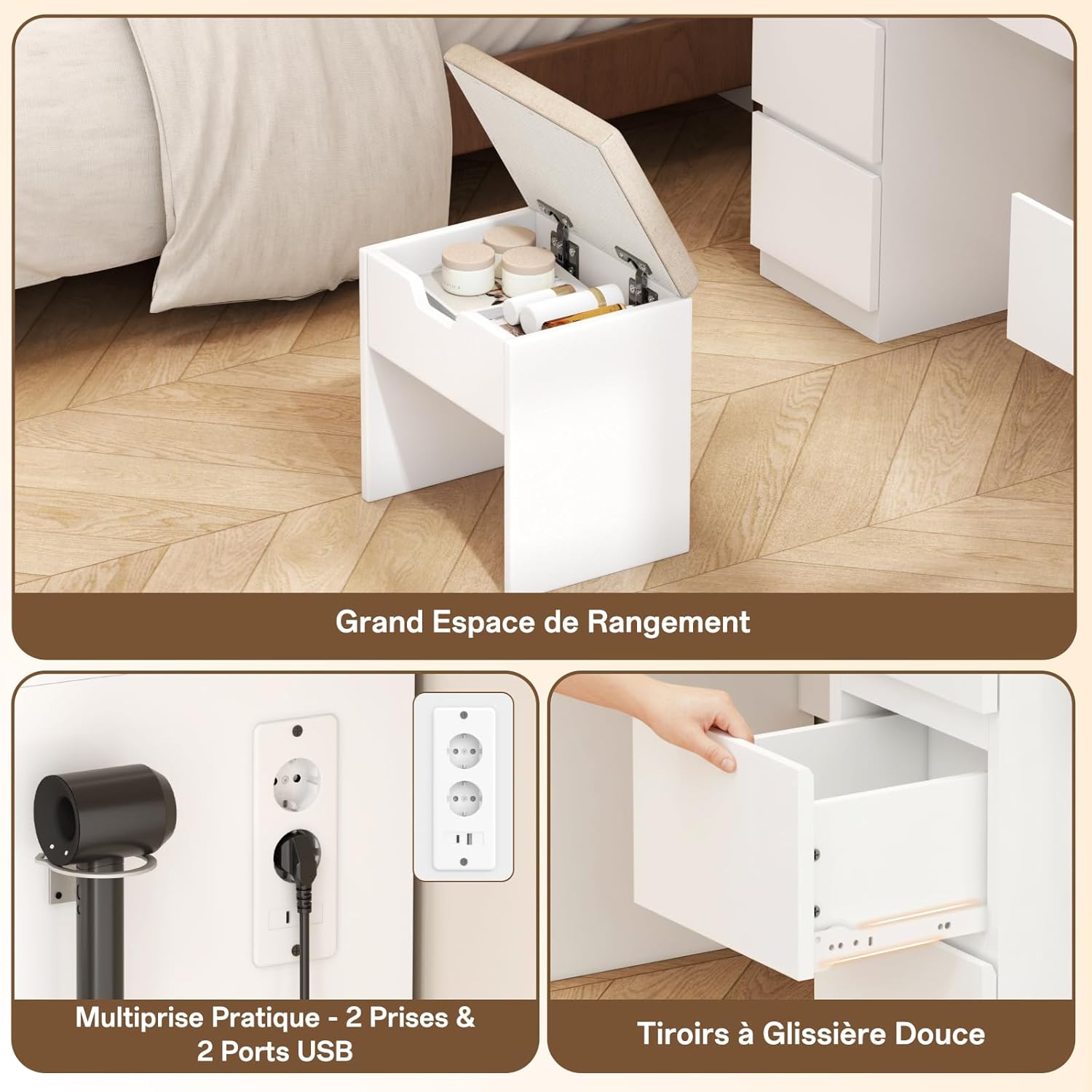 Schminktisch Groß mit Spiegel und LED Beleuchtung 115cm,Farbtemperatur Einstellbar, 7 Schubladen Schminktisch mit Steckdose Dressing Table mit Hocker,115x40x139cm,Weiß
