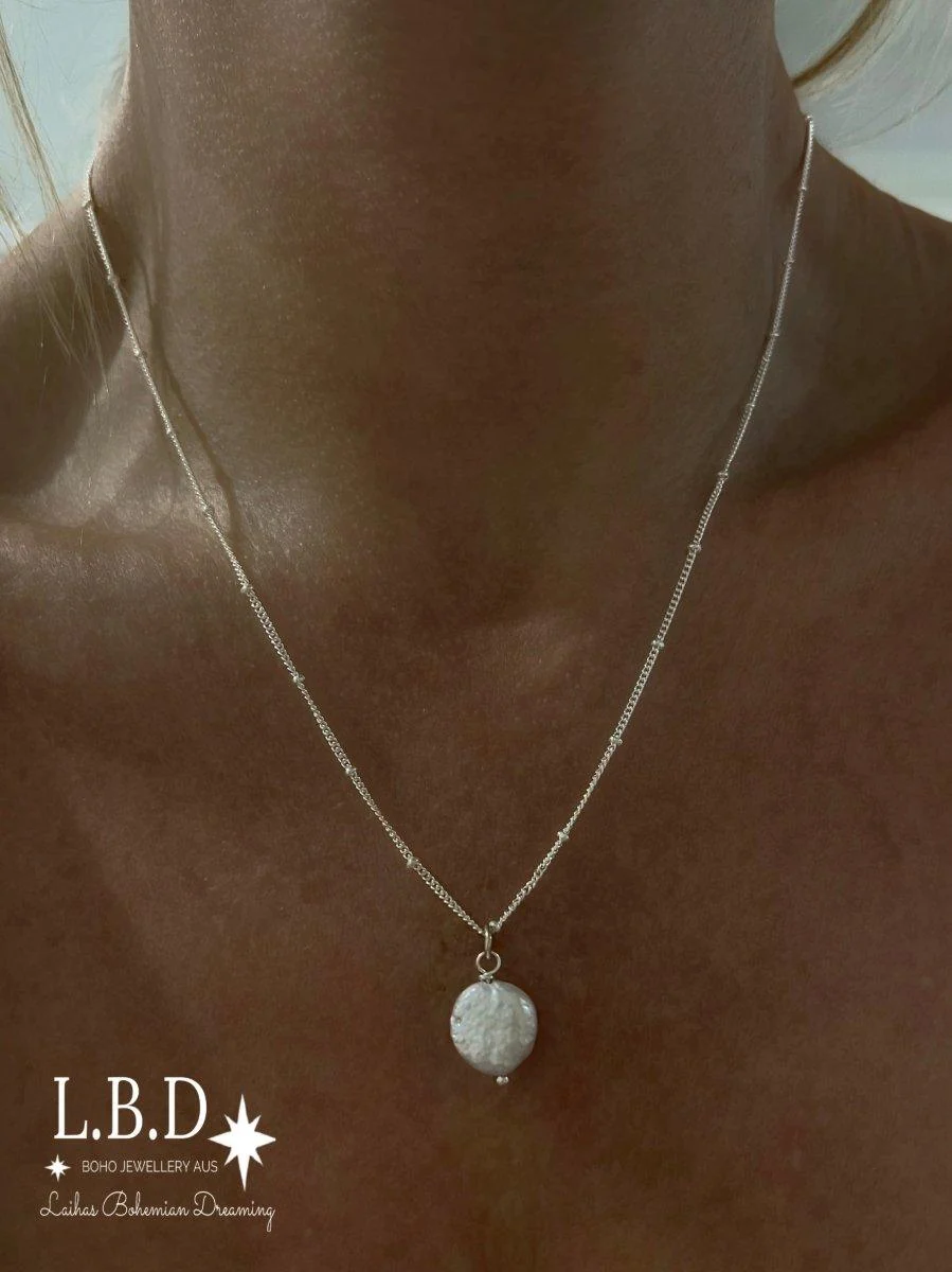 Laihas Classic Button Pearl Necklace- Sterling Silver