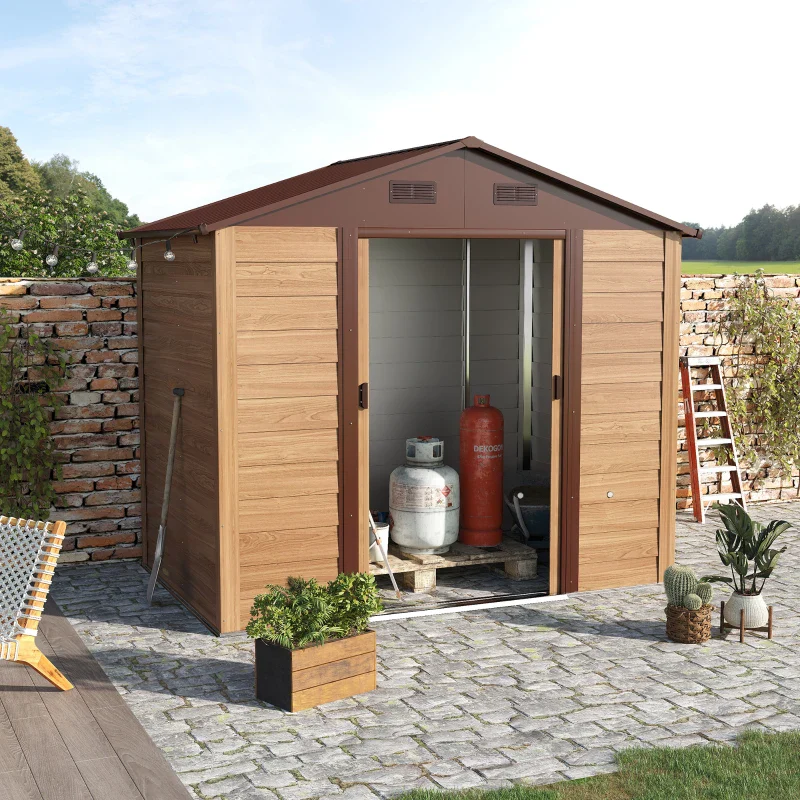 2025 Outsunny Buitenopslag Schuur met Hout Effect in Gegalvaniseerd Staal 7.7ft x 6.4ft