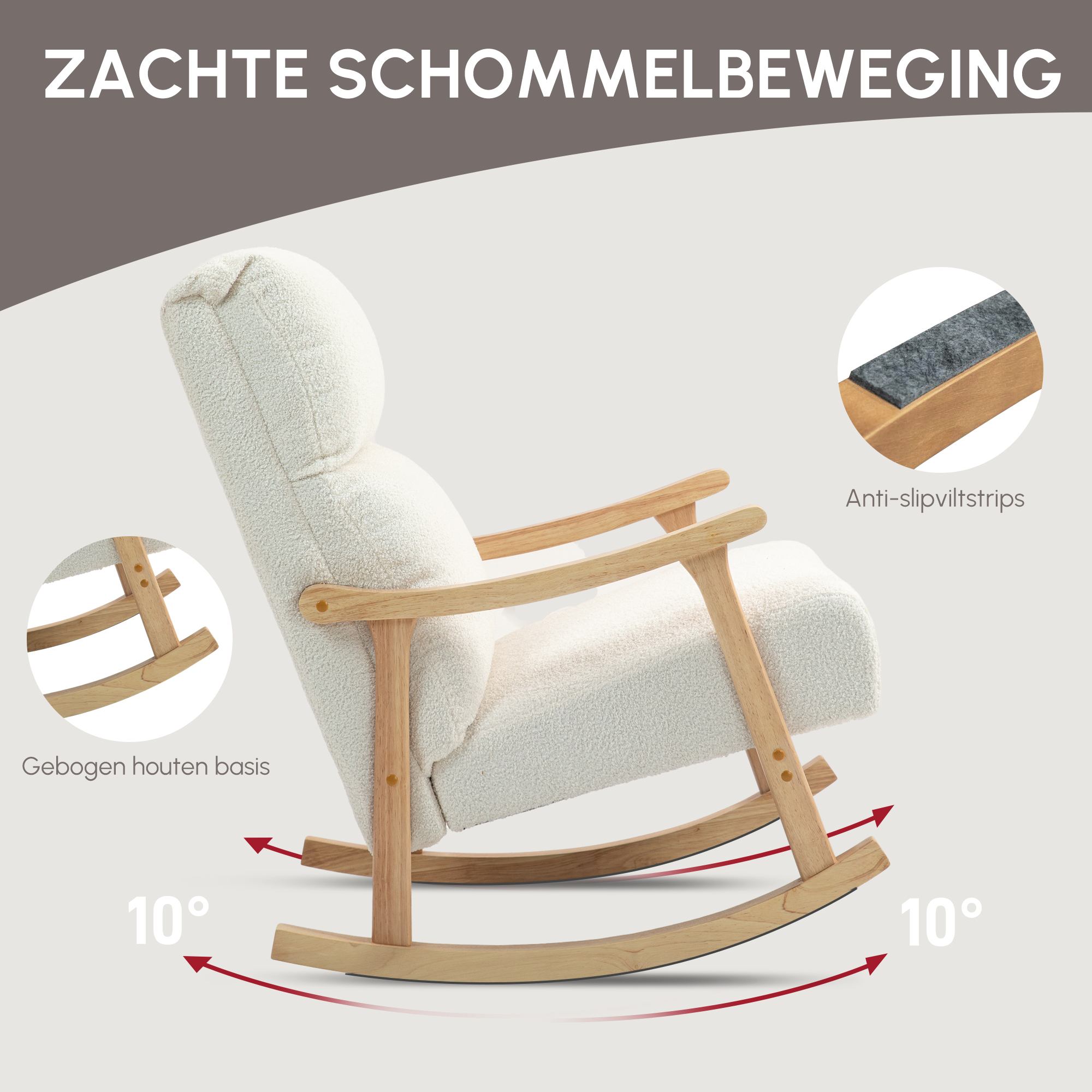 HOMCOM Schommelstoel met Fluweelachtige Bekleding, Ergonomische Rugleuning, Belastbaar tot 120 kg, 65B x 90T x 98H cm, Roomwit