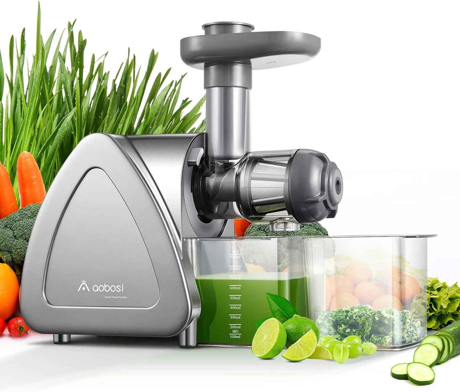 【Novità】 AOBOSI Spremiagrumi Estrattore di Succo a Freddo con 2 Velocità - Estrattore Frutta e Verdura con Coclea a 8 Stadi - Spremiagrumi con Spazzola per la Pulizia e 2 Bicchieri - Spremiagrumi con Funzione di Retromarcia