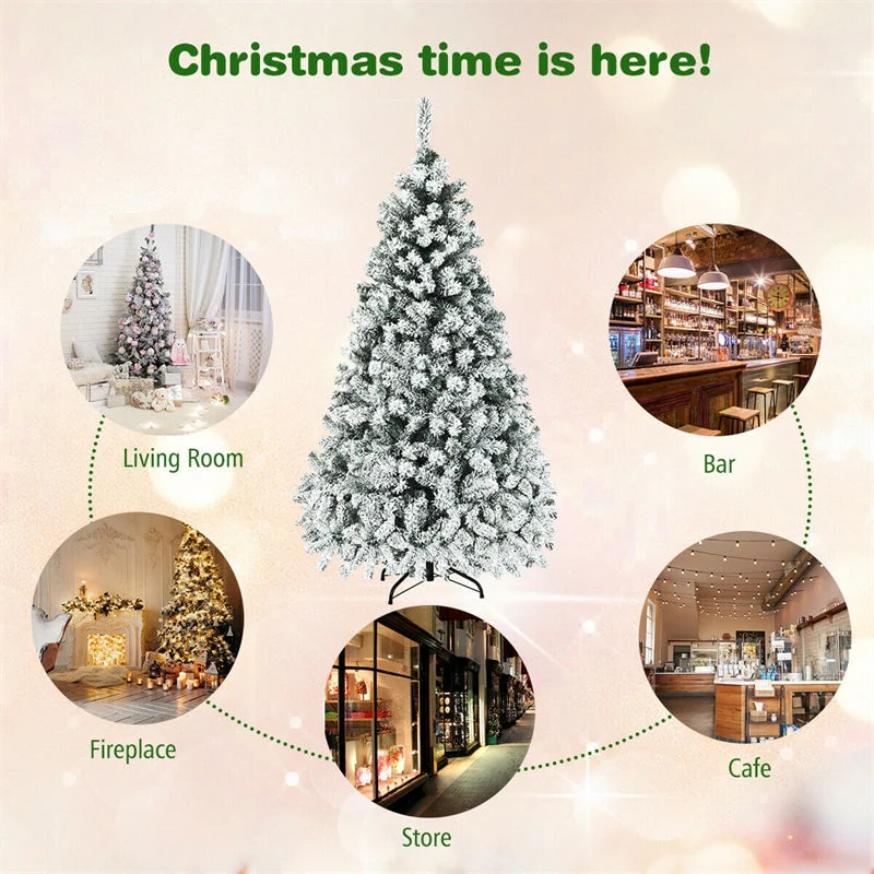 Premium Pre-Lit Snow Flocked Artificial Christmas Tree with Hinged Branch Tips & LED Lights