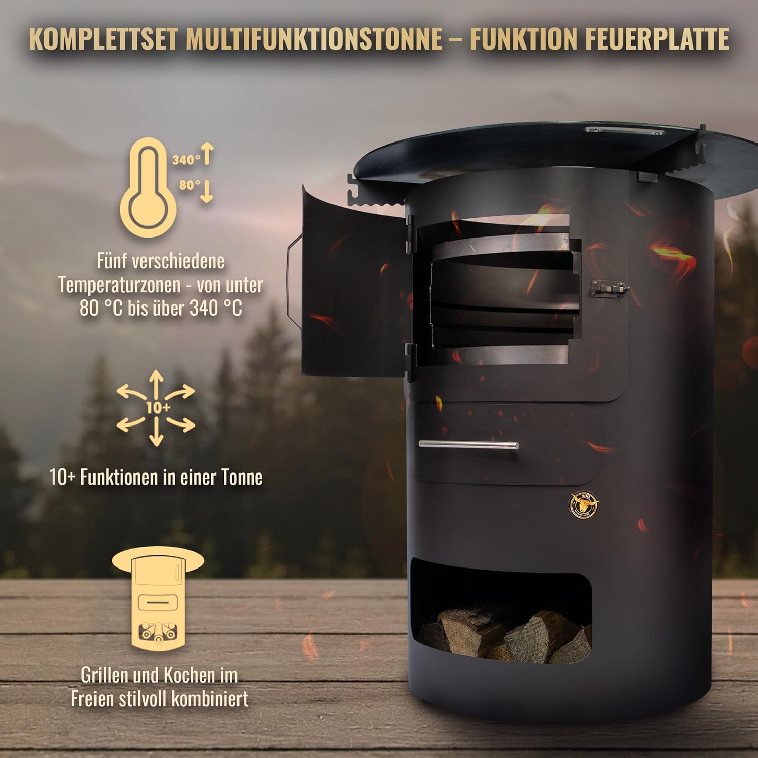 Komplettset – Multifunktionstonne mit 80cm Feuerplatte in 8mm Stärke #2002 – Feuerkorb & Zubehör – A. Weyck Tools Vielseitige Dutch Oven Station, Feuertonne & Grillfass – Hitzebeständig bis 700 Grad