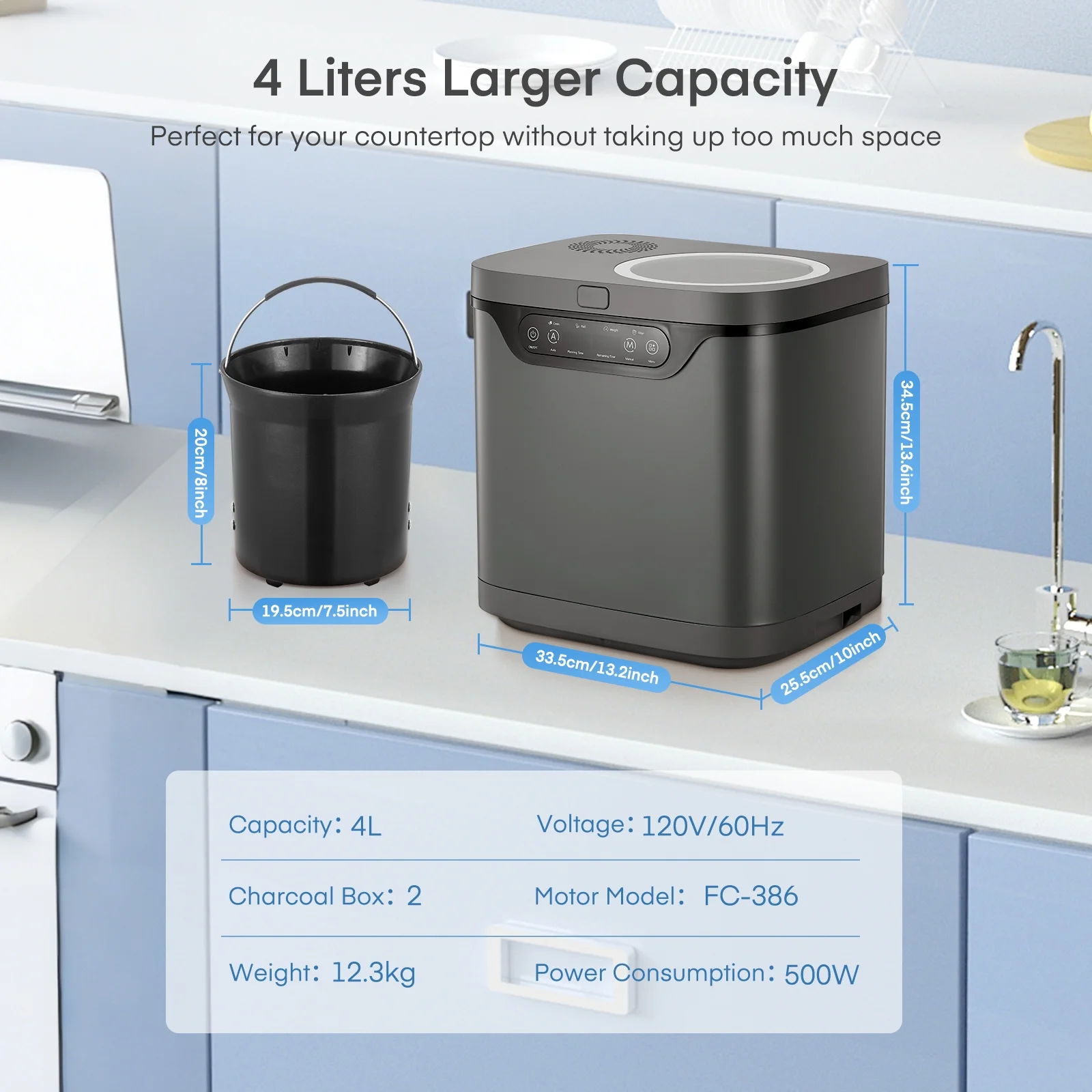 4L Electric Composter for Kitchen, Countertop Compost Bin Indoor with Visible Window, LED Display