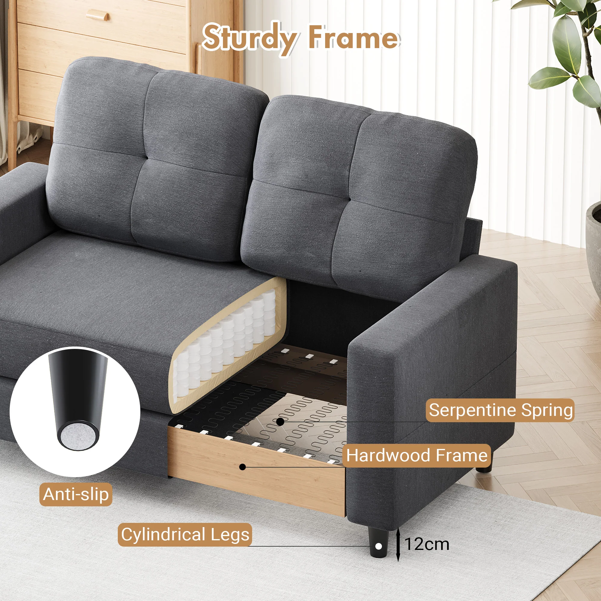 2-Seater Sofa 132cm Loveseat Sofa Dark Grey