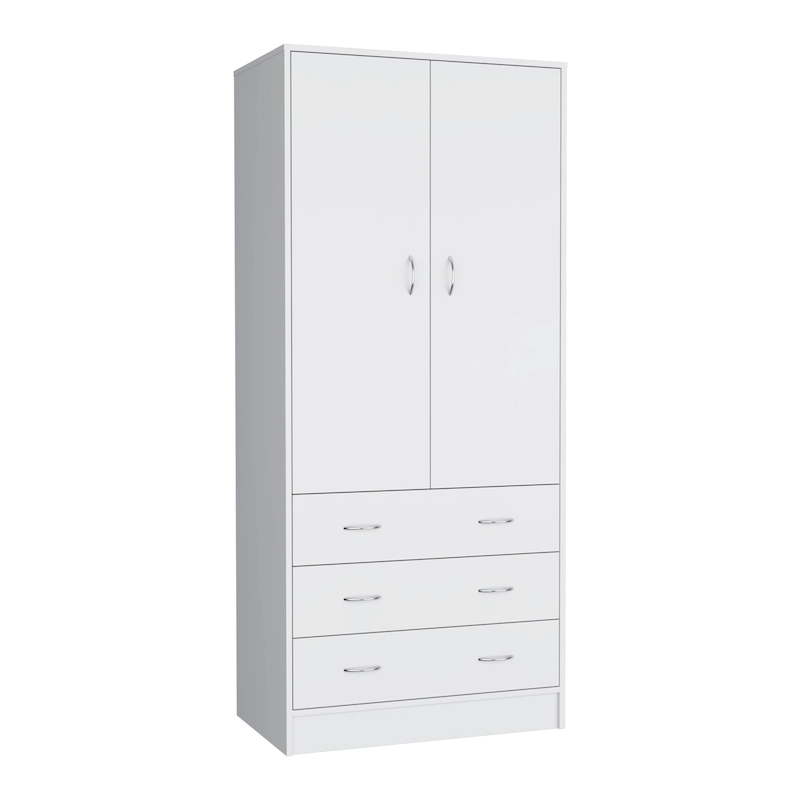19 Modern Double-door Armoire with 3 Drawers and 1 Hanging Rod for Bedroom