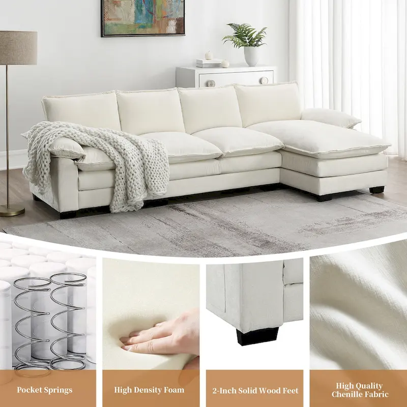 Modern 5-Seat L-Shaped Cloud Sleeper Sofa Couch with Chaise Lounge with Double Seat Cushions