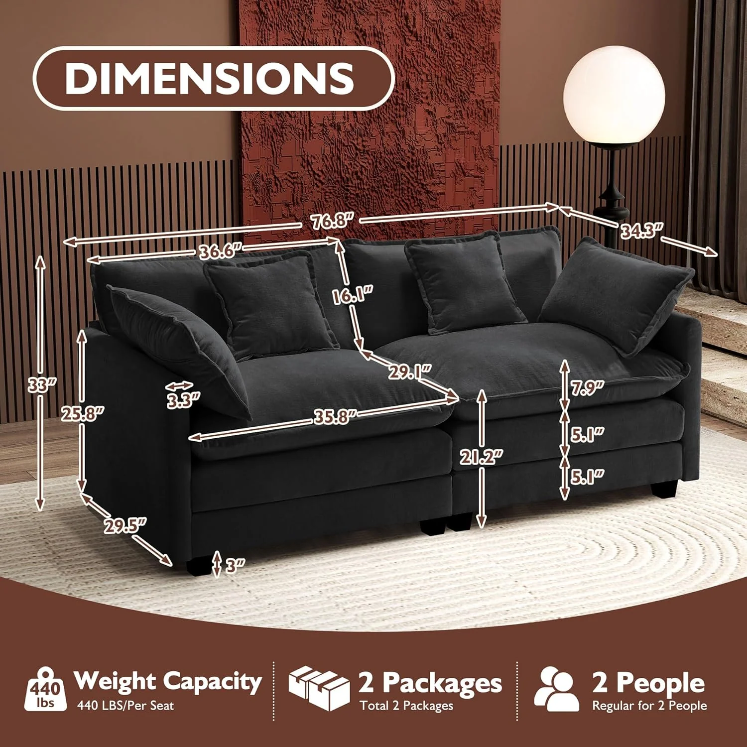111.4 Inch L-Shaped Modern Sofa Modular Cloud Sofa Ottoman 4-Seater Chenille Deep Seat Sofa