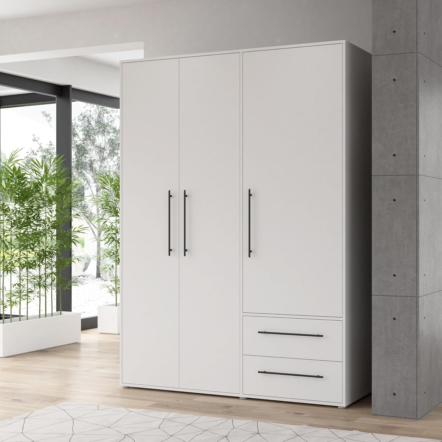 FORTE Jupiter Schrank 140 150, weißer Kleiderschrank, Drehtürenschrank, 3-türig, mit 2 Schubladen und Einlegeböden, Weiß, 145 cm breit x 59 cm tief x 200 cm hoch