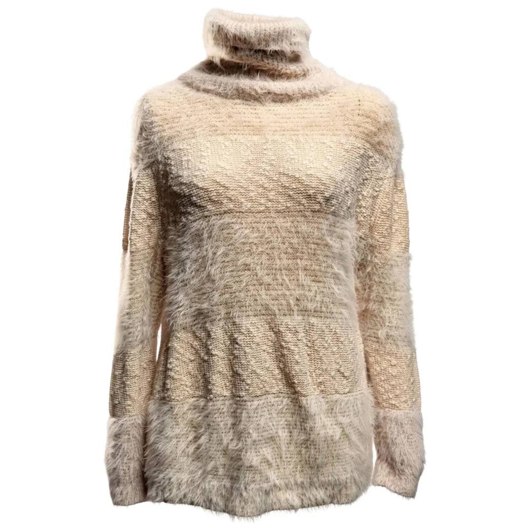 Vintage Cream Fuzzy Knit Turtleneck Sweater Fluffy Texture
