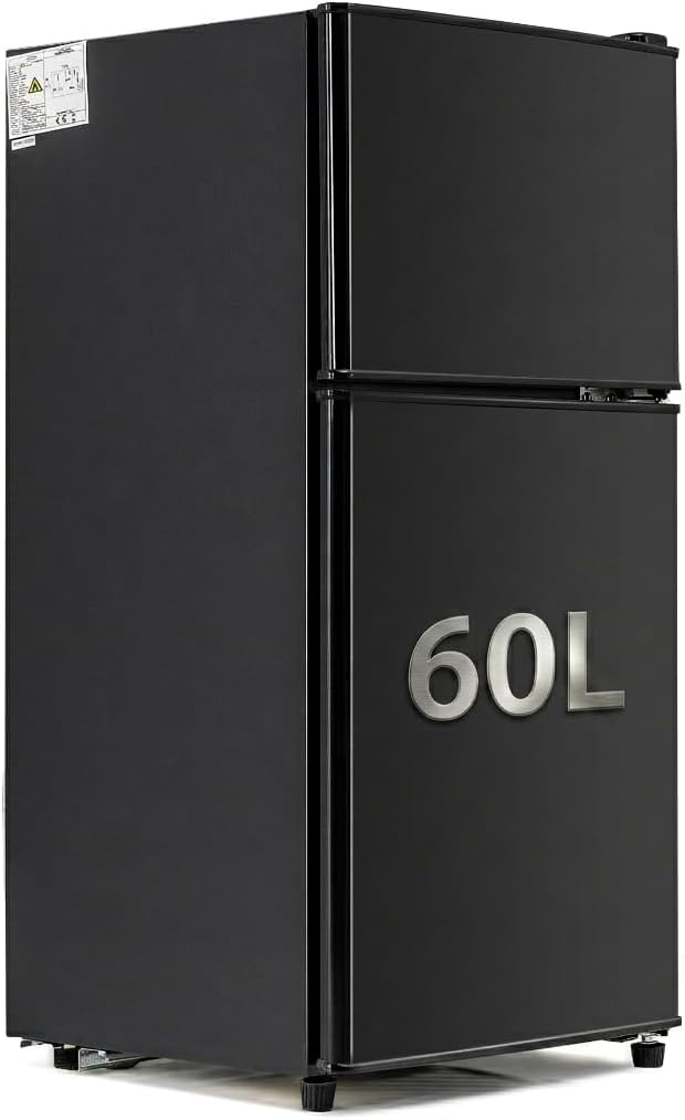 Kühl-Gefrierkombination, Doppeltür, 60 Liter(22 Liter Gefriervolumen, 38 Liter Kühlvolumen 102 kWh/Jahr, LED-Licht，Schwarz