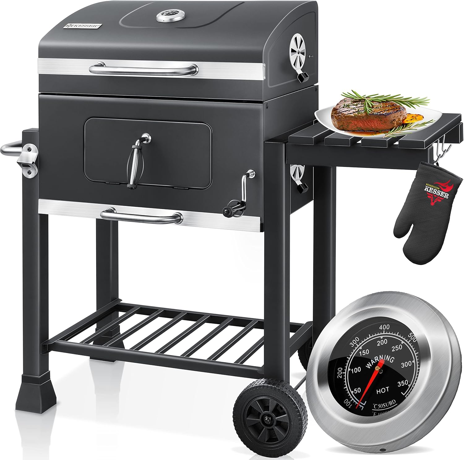 KESSER® Barbecue con Carrello XL Barbecue a carbonella con Coperchio, Ruote, Manico in Acciaio Inox, griglia e termometro a carbonella,Grande Barbecue a carbonella Barbecue da Campeggio