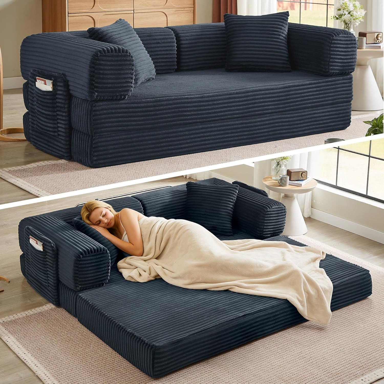 Boneless Couch Folding Couches for Living Room Sofa, Futon Sofa Bed with Sleeper Sofa, Futon Couch with Fixed-Shape Oversized Corduroy Upholstered (White, 81 Inches)