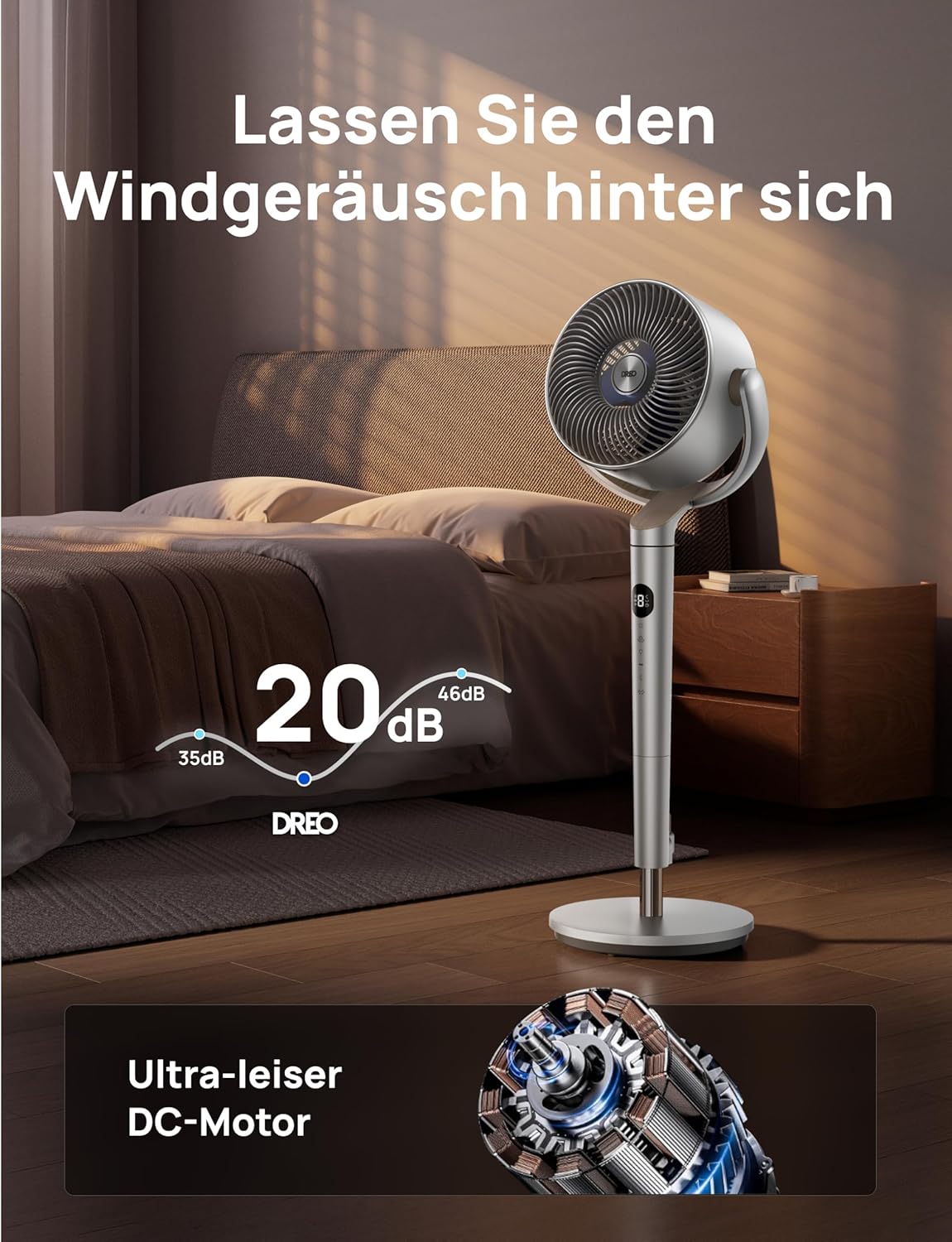 Dreo Smart Standventilator mit RGB Light, 120° +120° Oszillierender Ventilator mit Fernbedienung, 20dB Leiser Bodenventilator für Schlafzimmer, 8H Timer, Silber