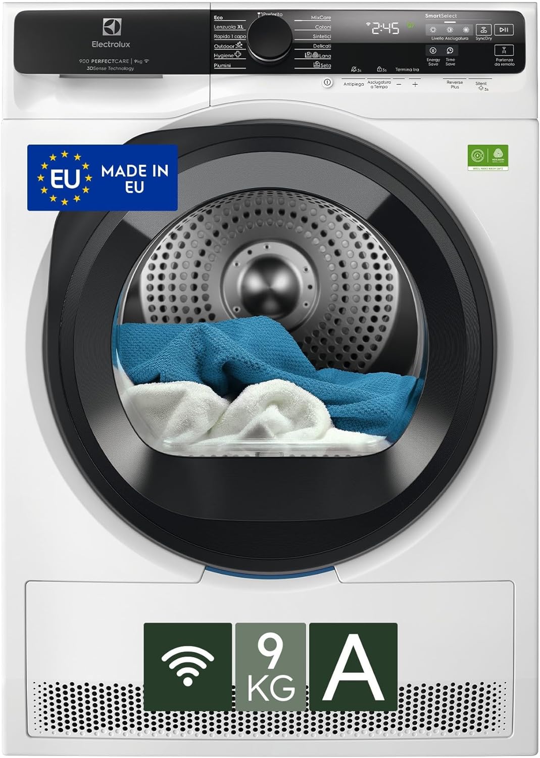 Electrolux Asciugatrice a Pompa di Calore Serie 900 PerfectCare EW9H59A, 9 kg, SmartSave fino a -20% energia, Tecnologia 3DSense e DelicateCare, Classe A, Controllo da Remoto con App, 60 dB