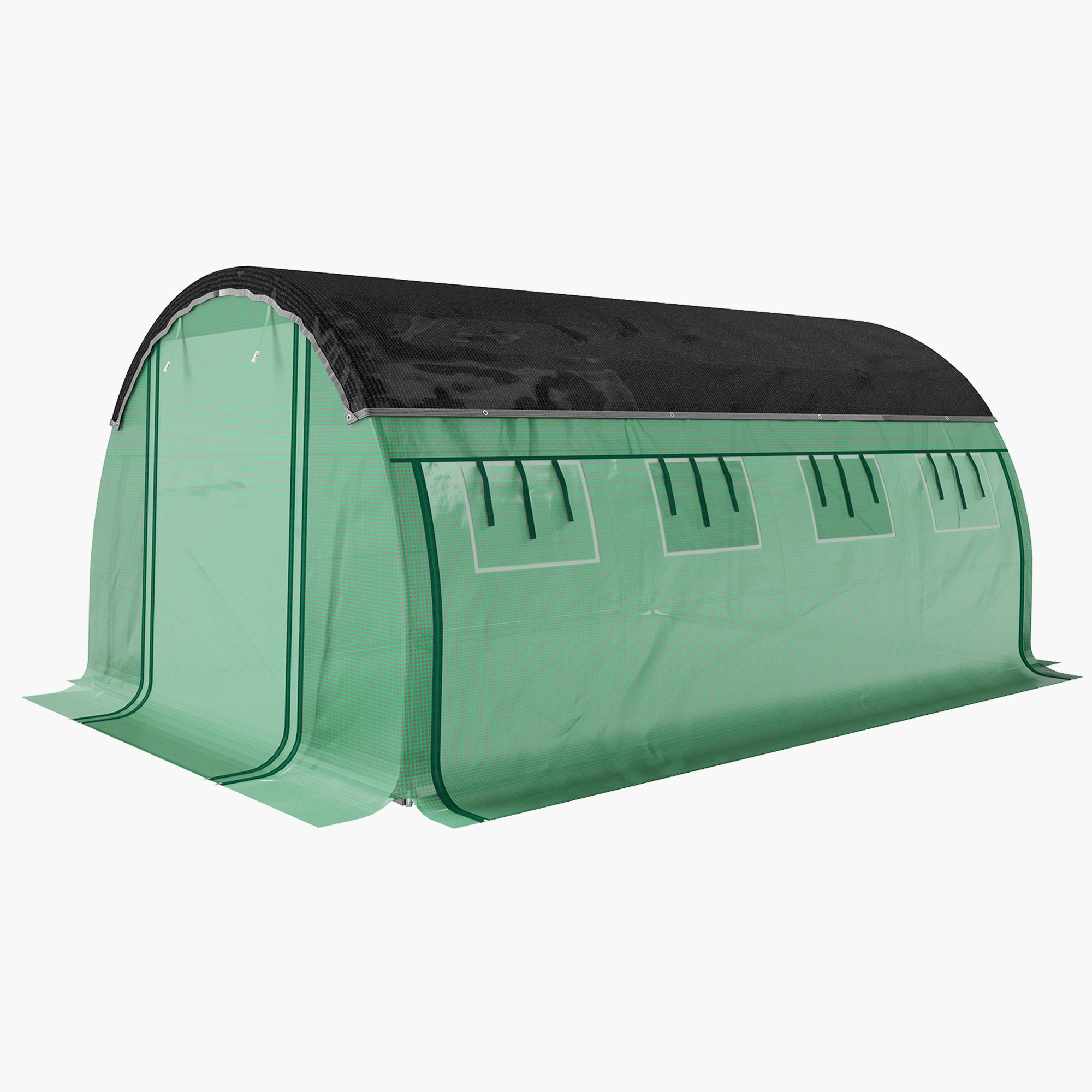 Outsunny 4 x 3 x 2 m Polykastunnel met Zonneschermnet, Oprolbare Zijwanden, Plastic Afdekking, Stalen Frame, Groen