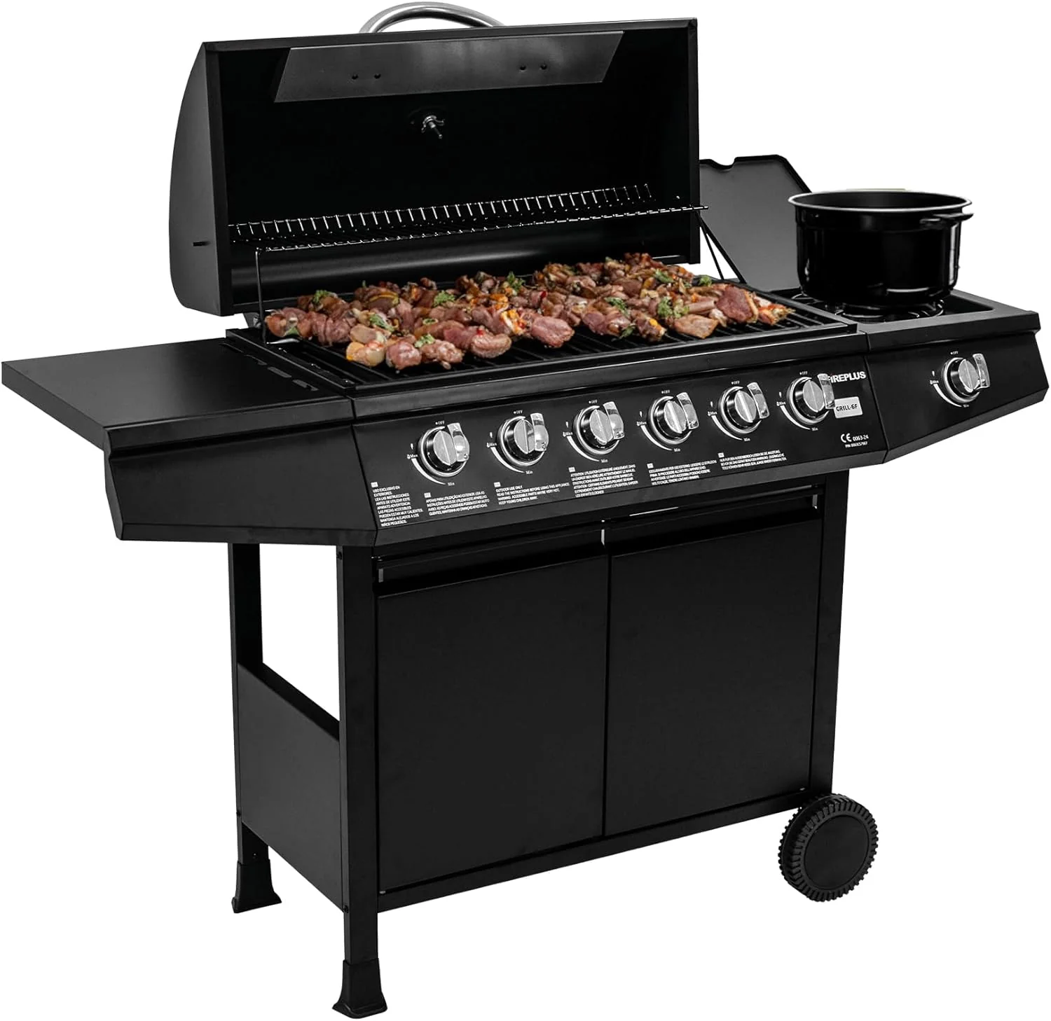 Amig - Barbacoa de gas Fireplus 6+1 de 12,9 kW - Acero inoxidable Negro - Parrilla con ruedas Modelo GRILL-6F - Barbacoa XXL con carro y termómetro - 138x52x103 cm - 7 quemadores y Bandeja lateral