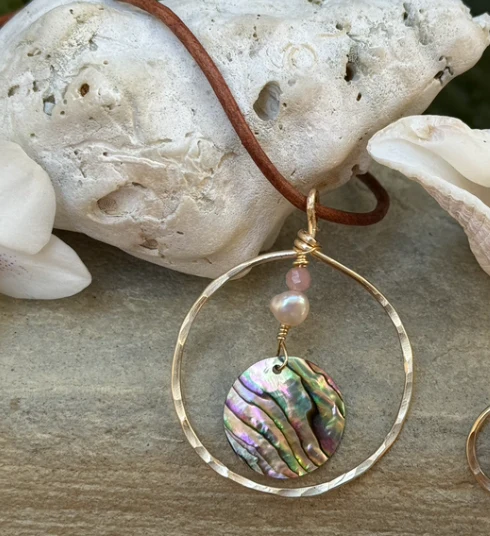 Hammered Gold Pendant w/ abalone on tan leather