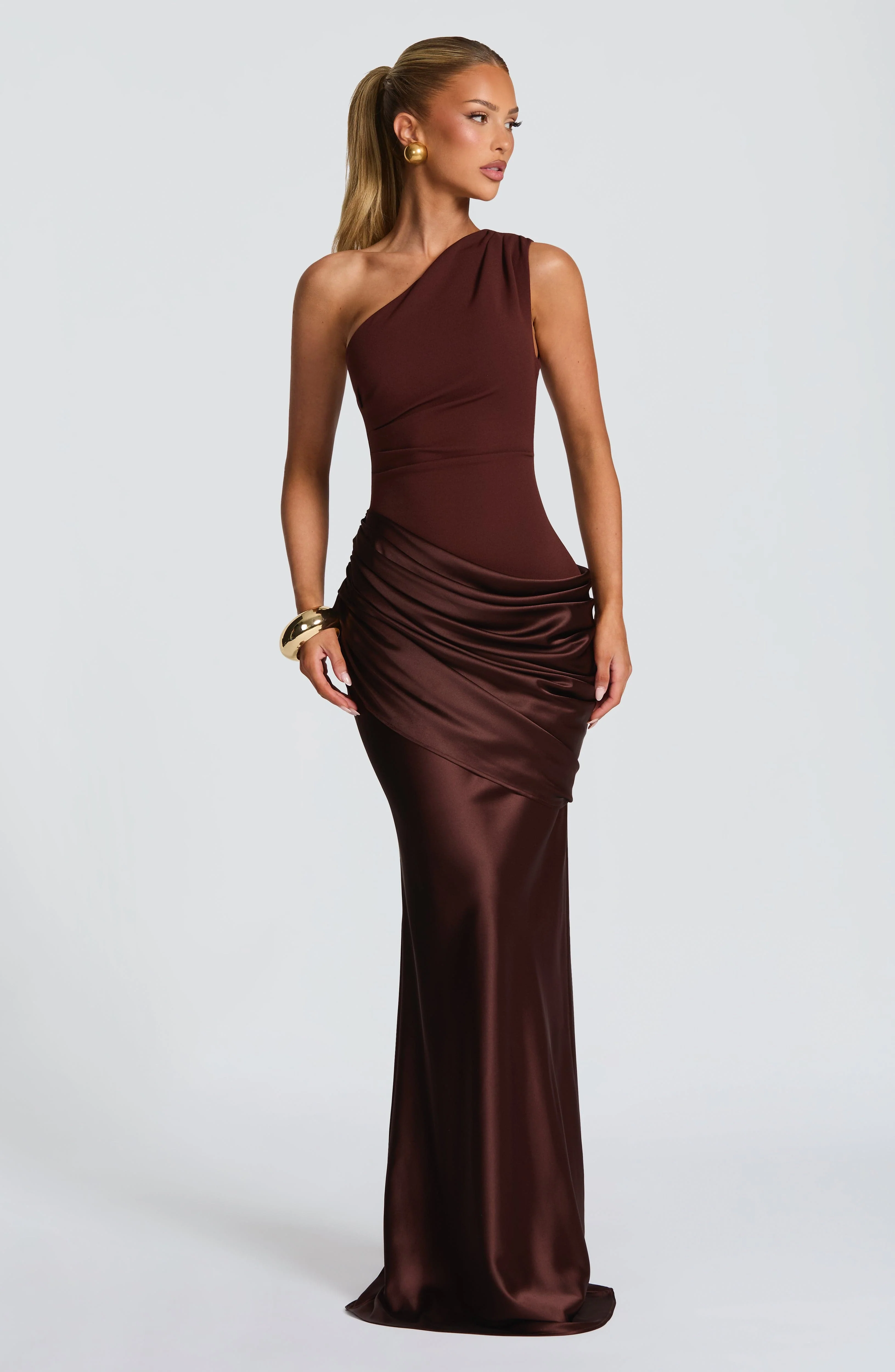 Women��s One Shoulder Satin Maxi Dress Elegant Ruched Design