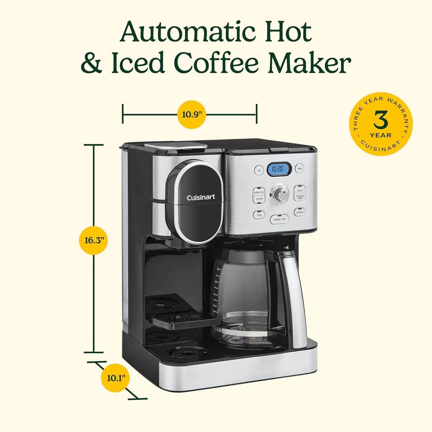 Cuisinart Coffee Maker, 12 Cup Glass Carafe, Automatic Hot & Iced Coffee Maker, Single Server Brewer, Stainless Steel, SS 16