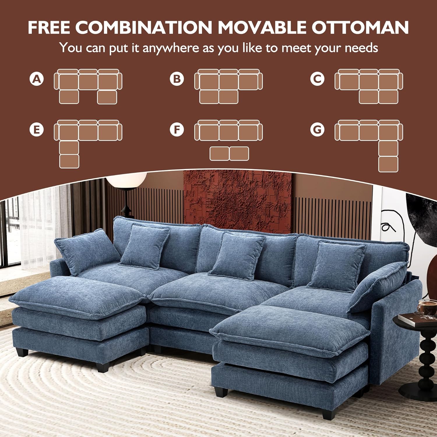111.4 Inch L-Shaped Modern Sofa Modular Cloud Sofa Ottoman 4-Seater Chenille Deep Seat Sofa