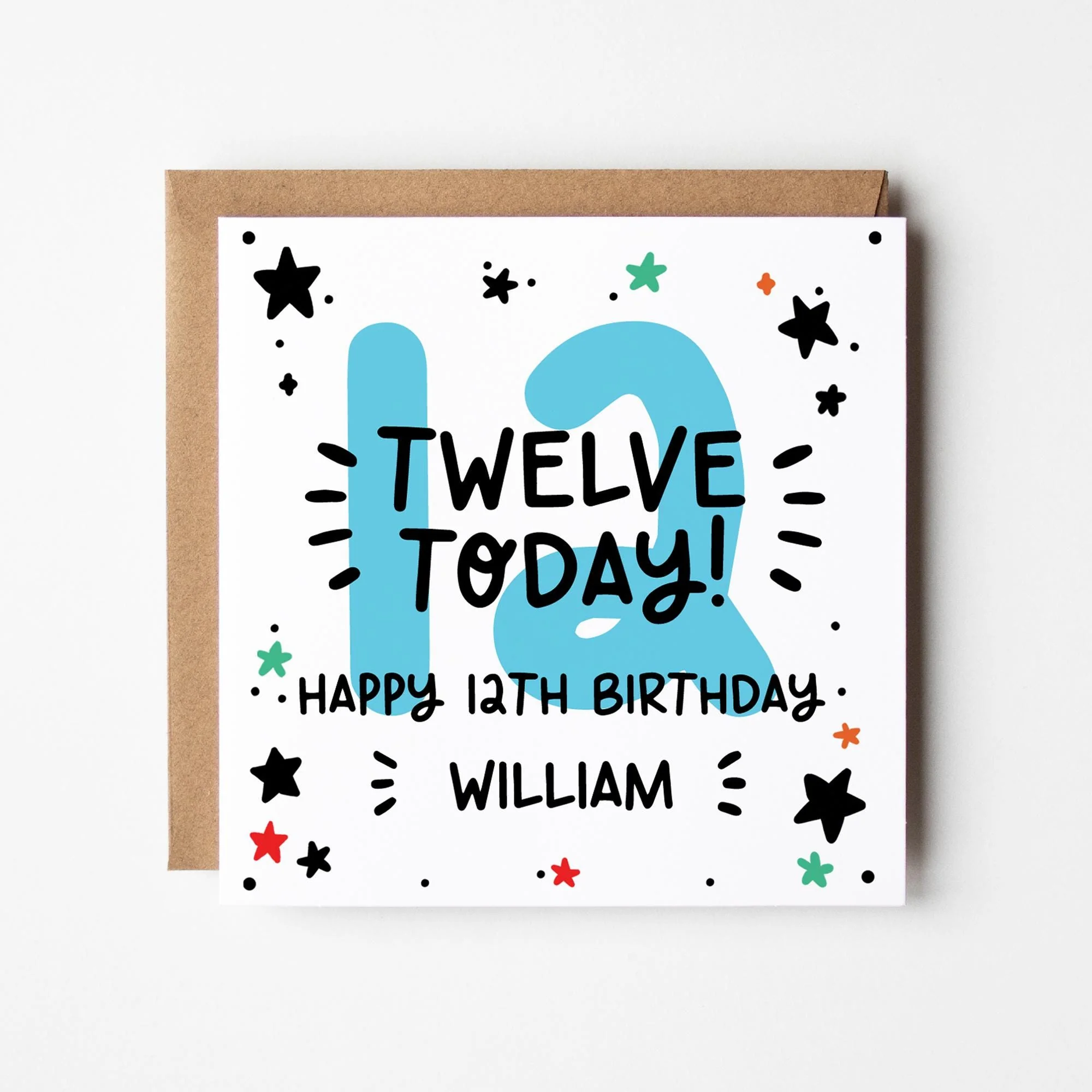 Personalised Birthday Card, 11th to 15th Birthday Number Card with Kraft Envelope