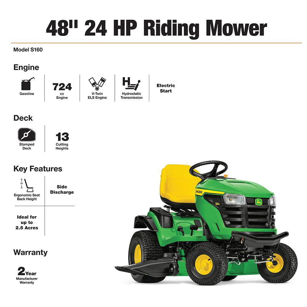John Deere S160 48 hüvelykes 24 lóerős V-kéthengeres ELS benzines hidrosztatikus fűnyíró traktor BG21211