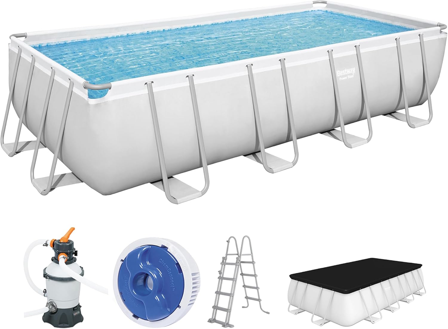 Bestway Power Steel Frame Pool Komplett-Set mit Sandfilteranlage 488 x 244 x 122 cm, lichtgrau, eckig