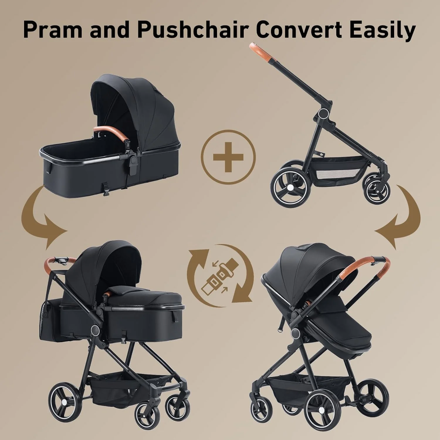 Passeggino 3 in 1 Zkiprm, portatile con seggiolino auto, 3 modalità convertibili, telaio in alluminio di alta qualità, alta visibilità, passeggino leggero, grigio