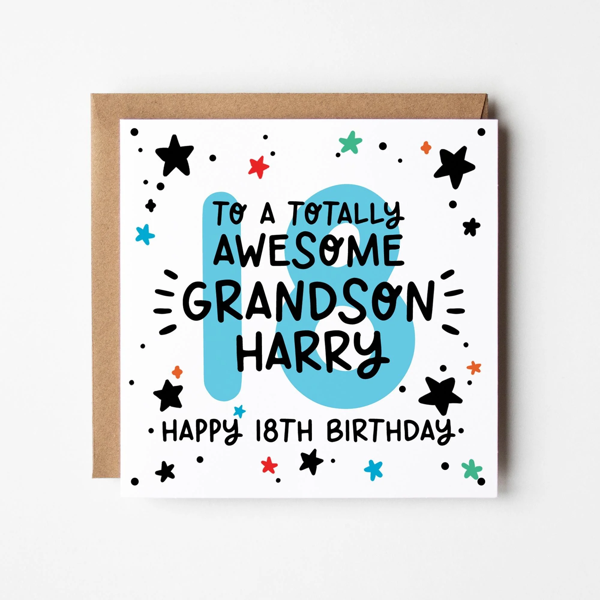 18th Birthday Card for Grandson: Personalised, with Kraft Envelope