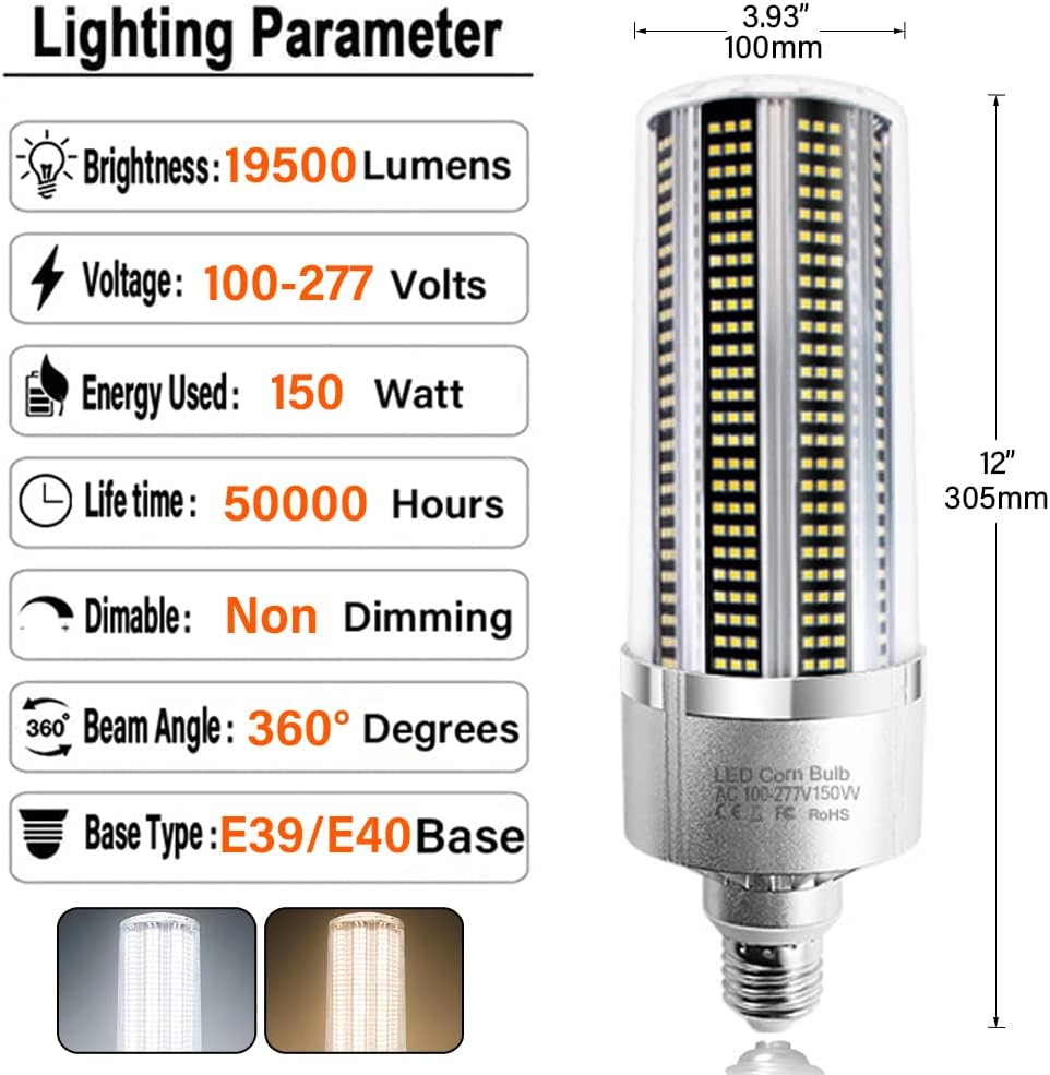 LED-Leuchtmittel Mais 150 W 19.500 lm, Sockel E26/E27, mit E40-Adapter, für Innen- und Außenbeleuchtung von Garage, Lager und großer Höhe, 6500 K