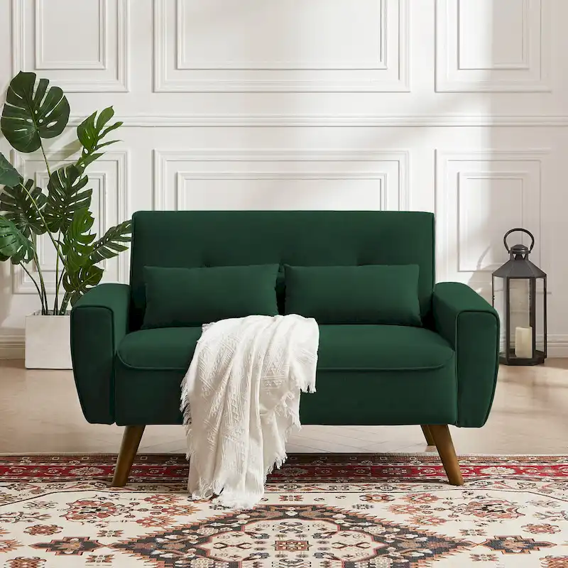 48.82 Small Tufted Loveseat Sofa with 2 Pillows and Tapered Wood Legs