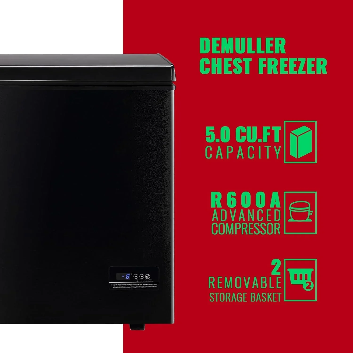 Chest Freezer 5.0Cubic Feet Deep Freezer Freestanding Freezers 2 Removable Stainless Steel Basket