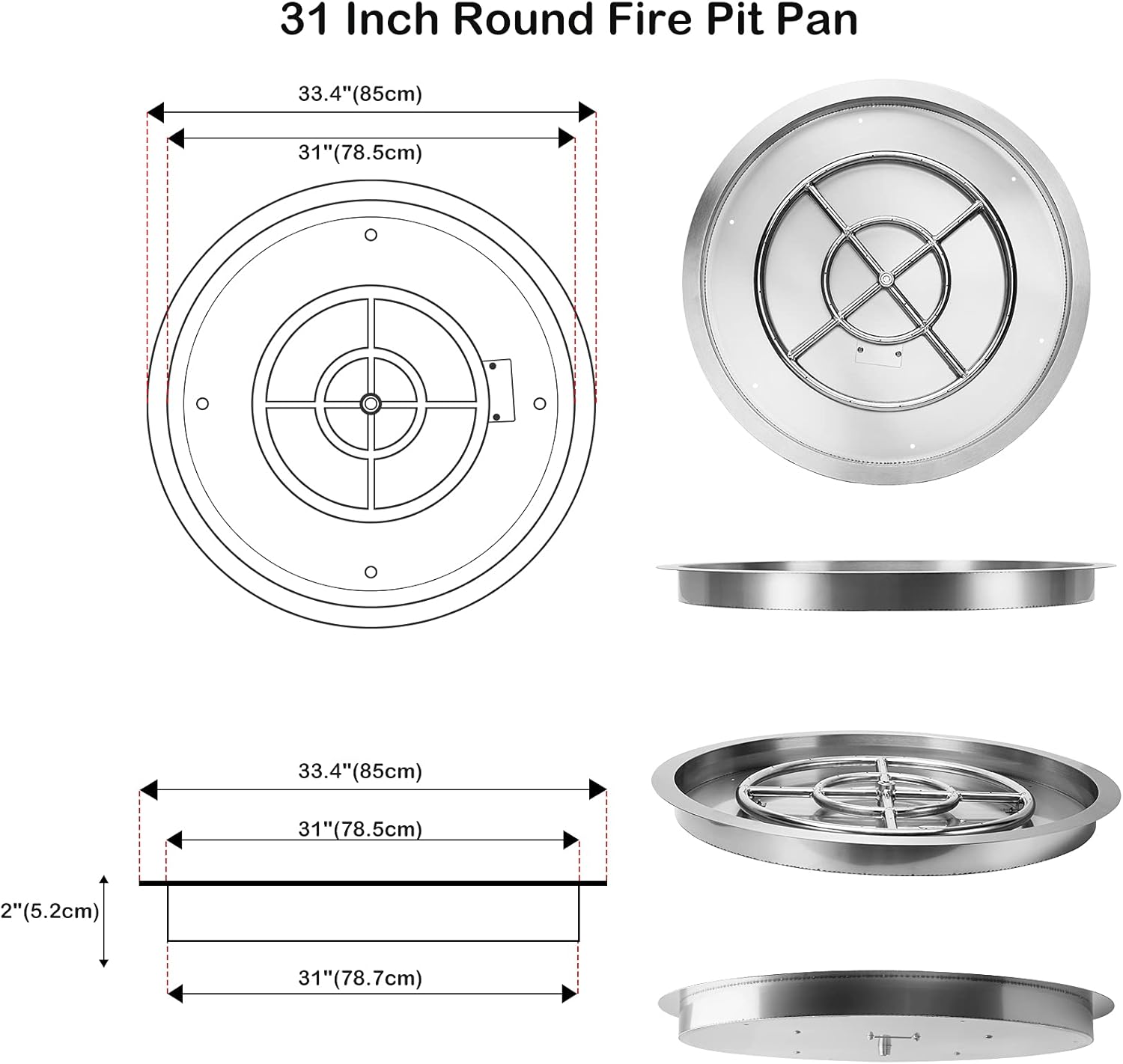 Stanbroil 31 Inch Drop-in Round Gas Fire Pit Kit with Spark Ignition Kit, 304 Stainless Steel Gas Firepit Burner Insert for DIY Fire Pit Table, Max 296,000 BTU - Natural Gas Version