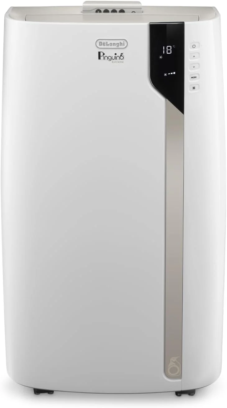 De'Longhi Pinguino PAC EM82, Condizionatore Portatile per ambienti fino a 80 m³, 9.400 BTU, 2,4 kW, 63 dB, Funzione Deumidificatore, Classe Energetica A, Timer 24h, Bianco
